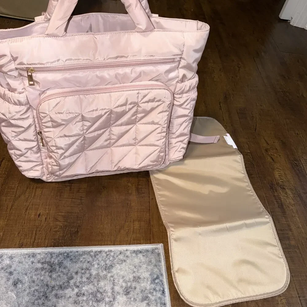 CLOUD ISLAND Quilted Diaper Backpack Tote Bag - Pink w/changing pad